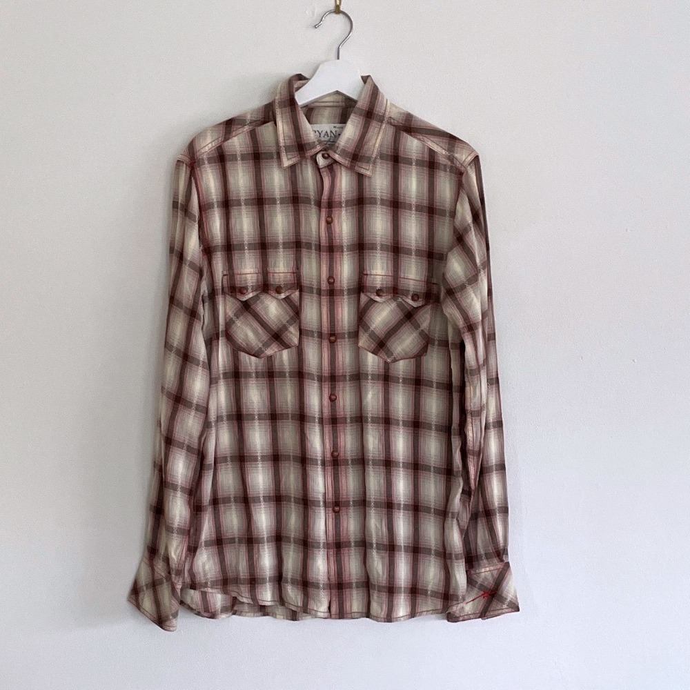 Ryan Michael Mens Brown Plaid Cotton Western Snap Shirt Zia Buttons Medium M